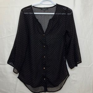 Paper Moon sheer Button Up Blouse Size XS Black with Pink Polka dots